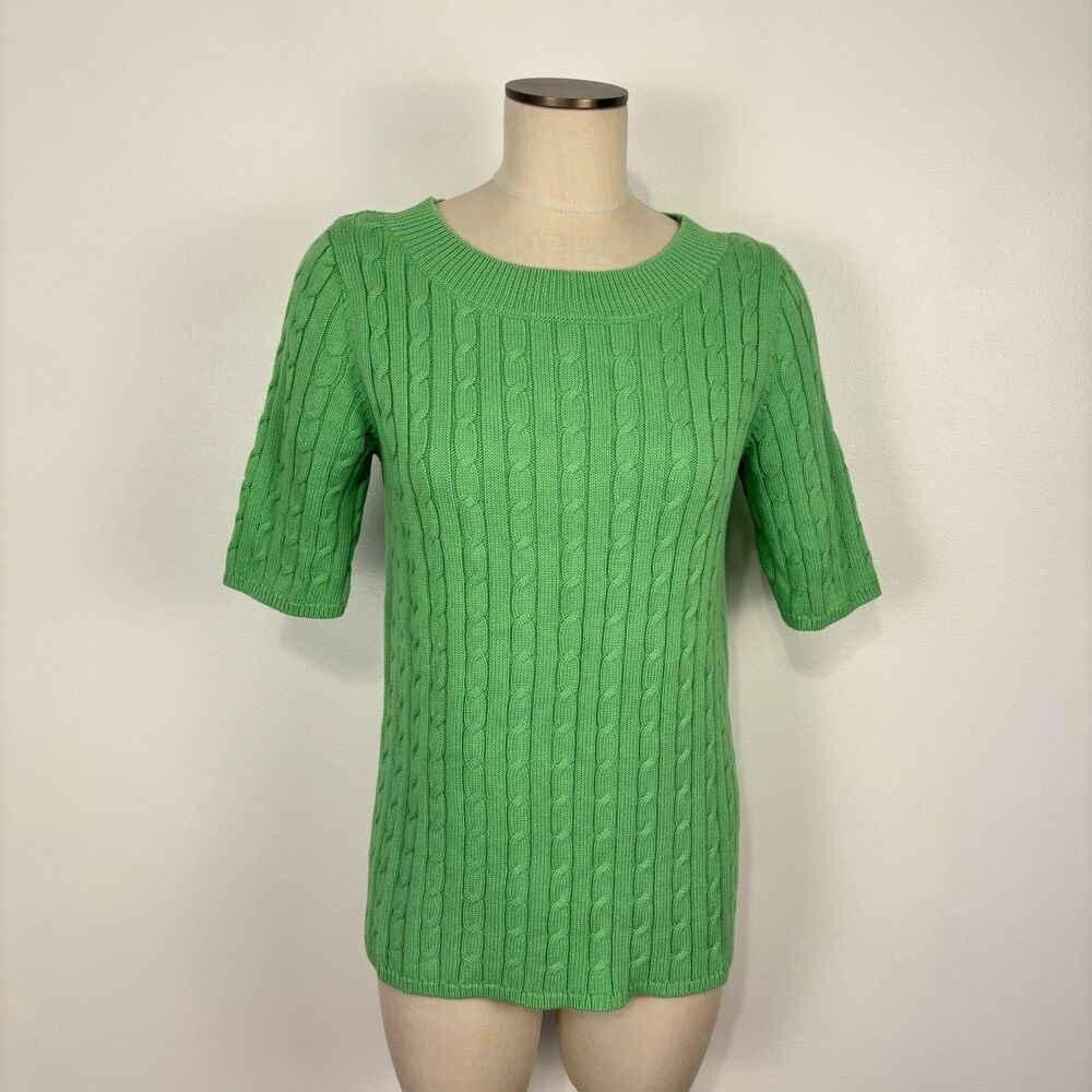 Talbots Womens M Green Cable Knit Short Sleeve Sweater Bateau Boat Neck Cotton